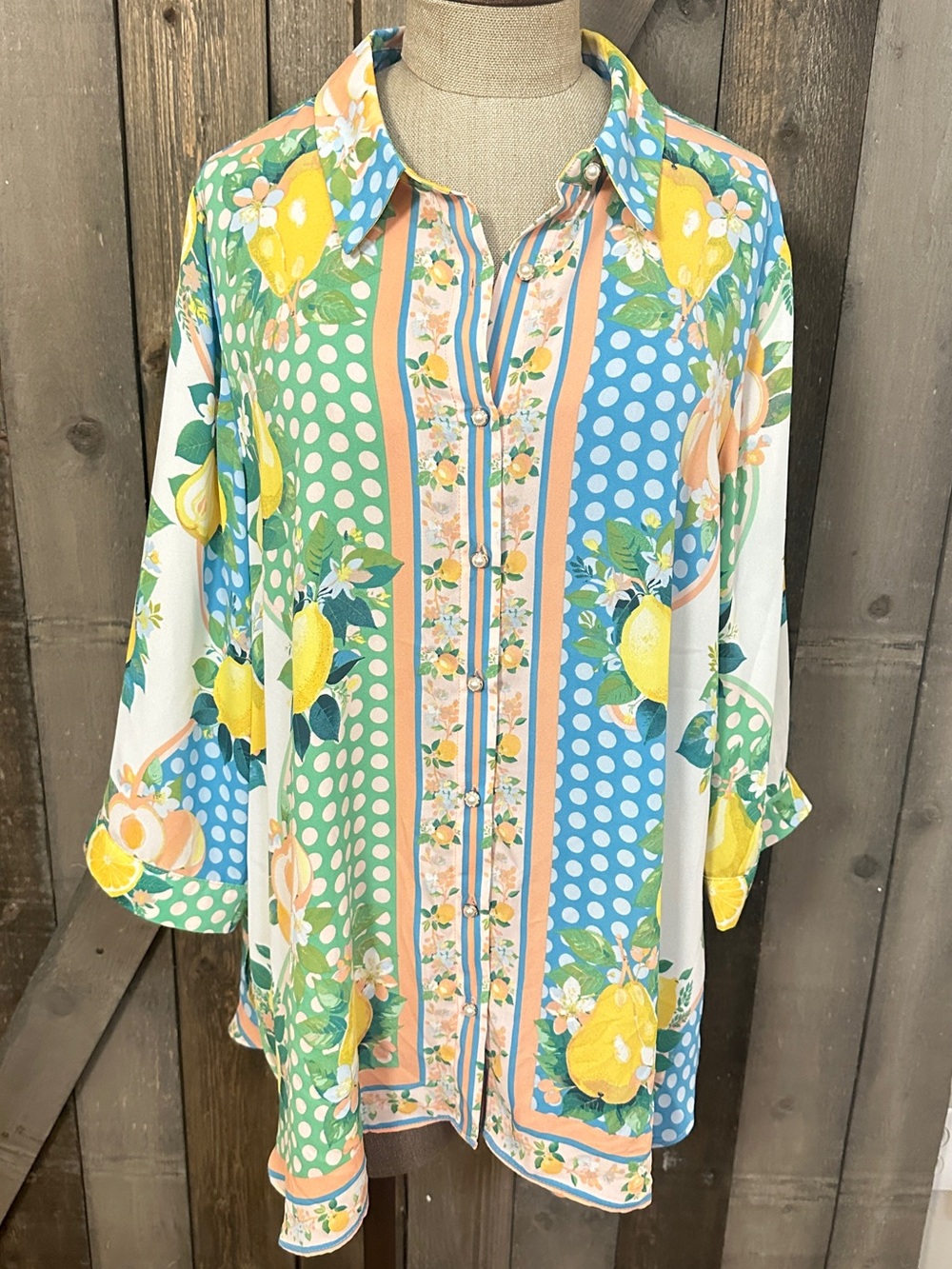Rose + Olive Lemon Citrus Mixed Print Button Front Blouse Top 1X